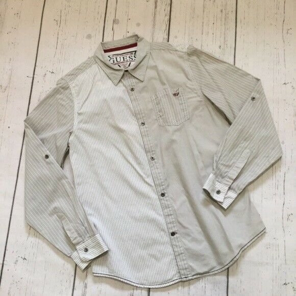 Guess Kids Boys Dress Shirt Size 20 Gray White Long Sleeve Collared Pockets Cuff - Picture 1 of 8